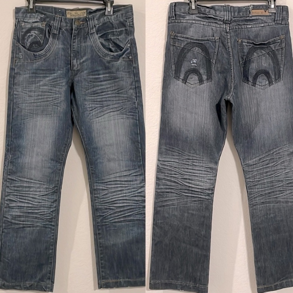 Indigo 30 Men Jeans Size 32 X 30 Vintage Blue Honeycomb Distressed Y2K 90s Retro